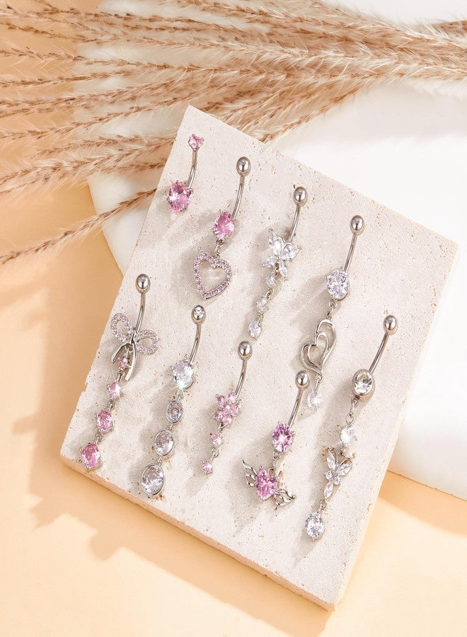 MEDOJO 9Pcs Belly Button Ring Pink White Surgical Stainless Steel Bow Butterfly Heart Flower Navel Ring Belly Piercing for Women - Image 2